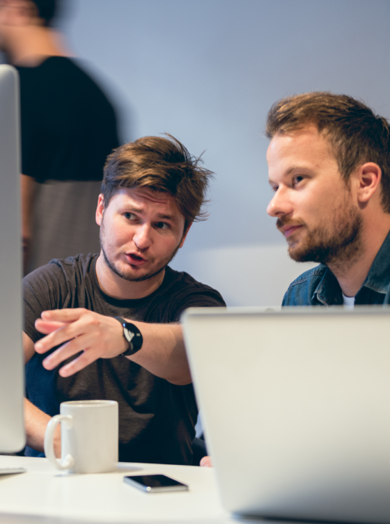 Two experts discussing dashboard analytics